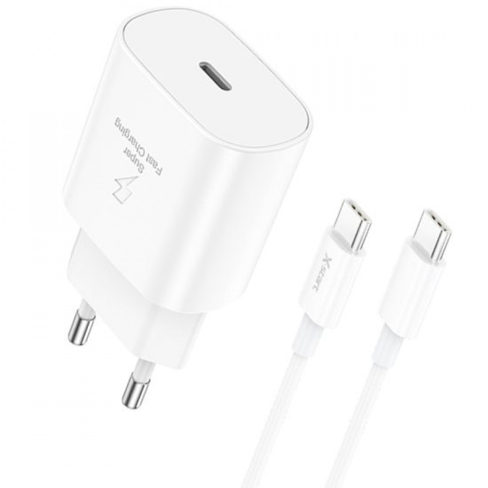 Set Adaptor X-Start CDQ079CC-A si Cablu Type-C, pentru iPhone 15/16 si Android, Incarcare rapida 25W, Alb