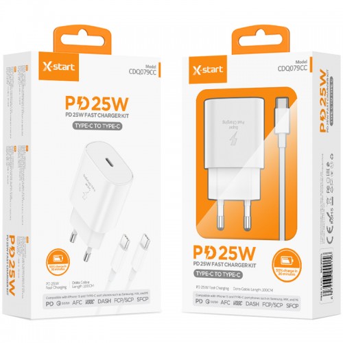 Set Adaptor X-Start CDQ079CC-A si Cablu Type-C, pentru iPhone 15/16 si Android, Incarcare rapida 25W, Alb