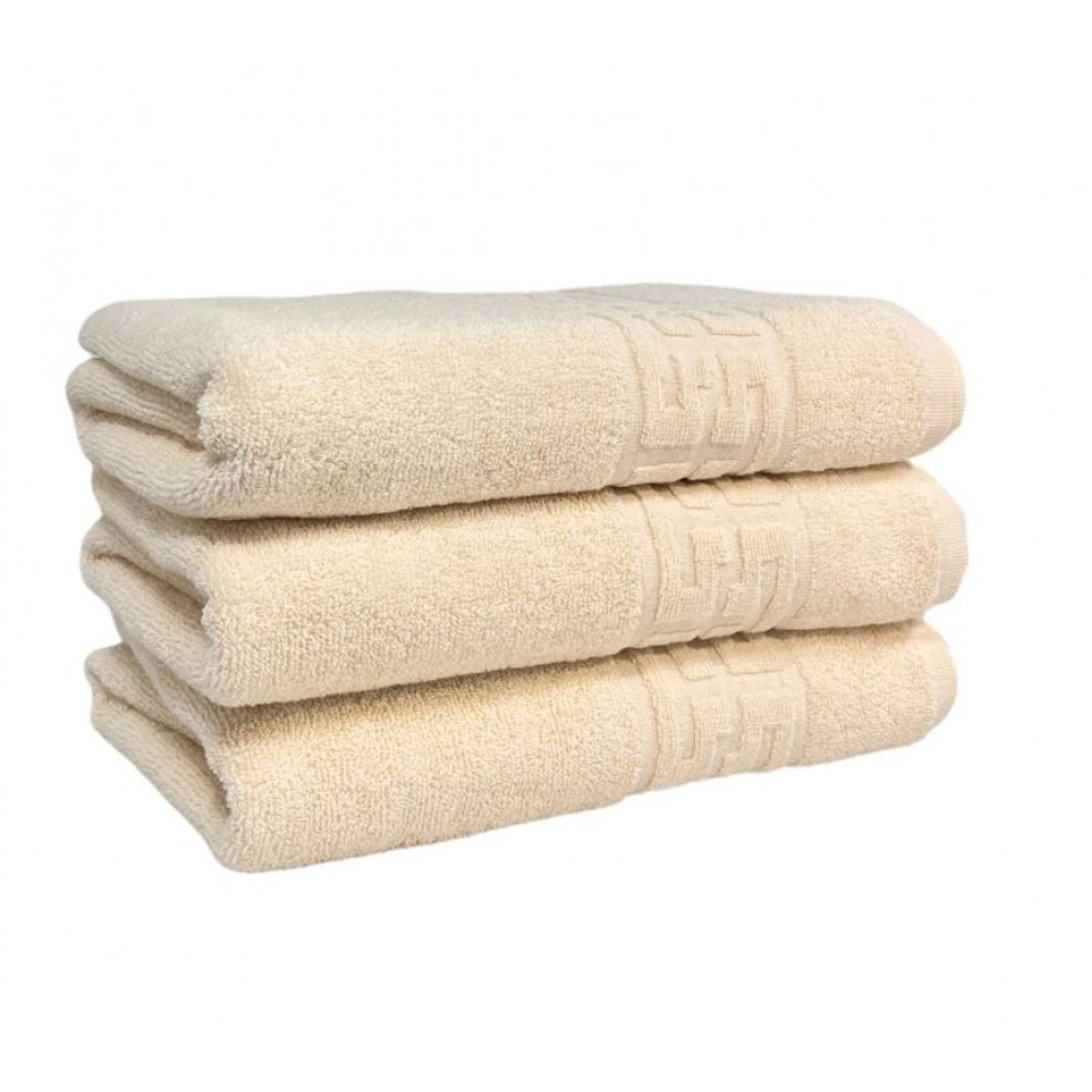 Set 3 prosoape de baie, Bumbac, Bordura Greceasca, 550g/m² cu fir dublu, 50x90cm, Bej, GC-2