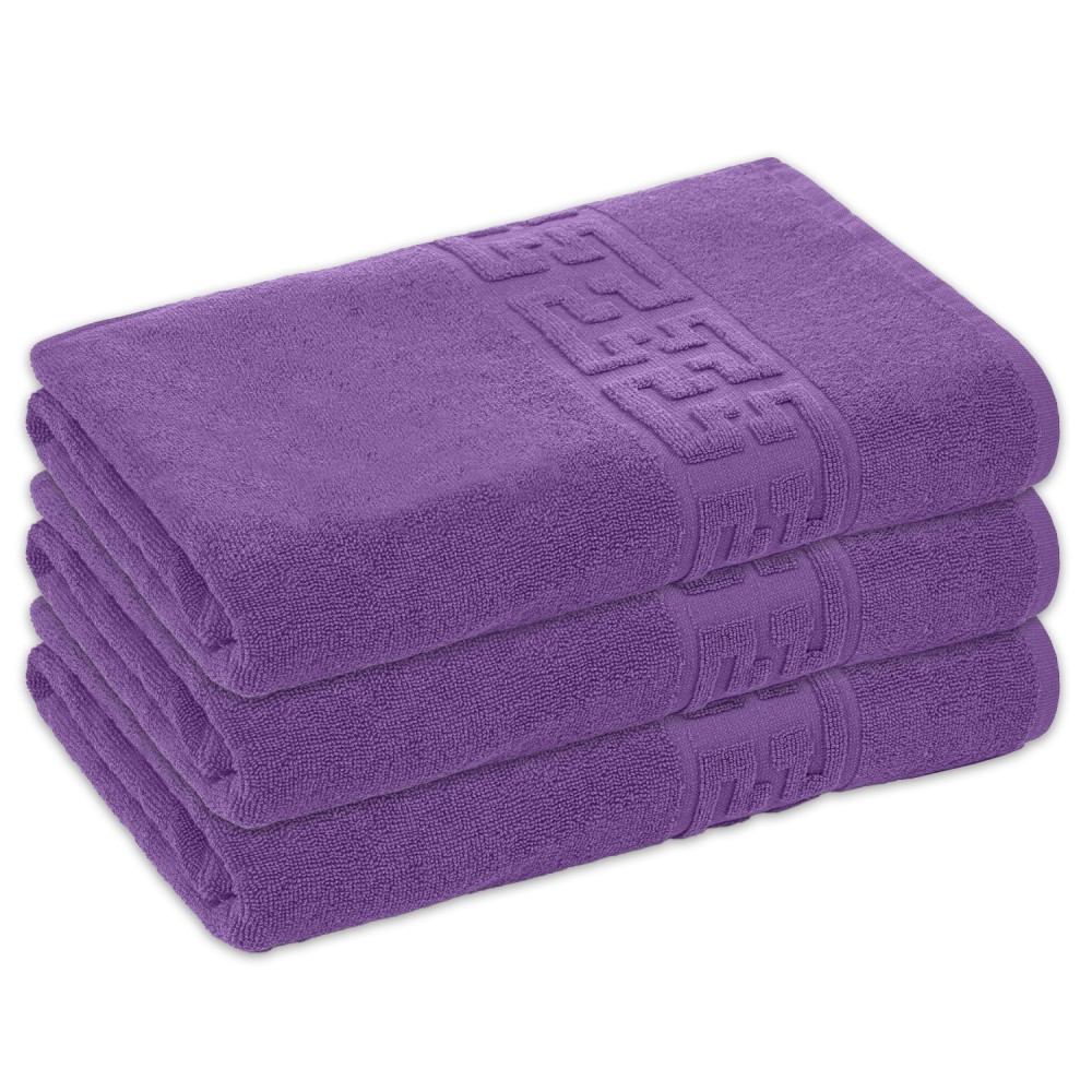 Set 3 Prosoape de Baie si de Fata ,500g/m², model Grecesc, bumbac 100%, 70×130,Mov, PRO-56