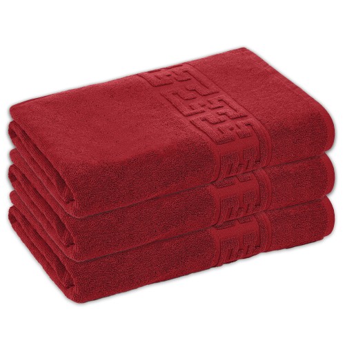 Set 3 Prosoape de Baie si de Fata ,500g/m², model Grecesc, bumbac 100%, 70×130,Rosu, PRO-90