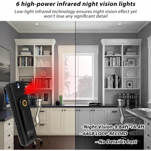 Mini cameră de corp 64GB cu audio și video, clemă magnetică pentru șnur, vedere nocturnă,  purtabilă pentru ciclism, aplicarea legii, securitate, călătorie