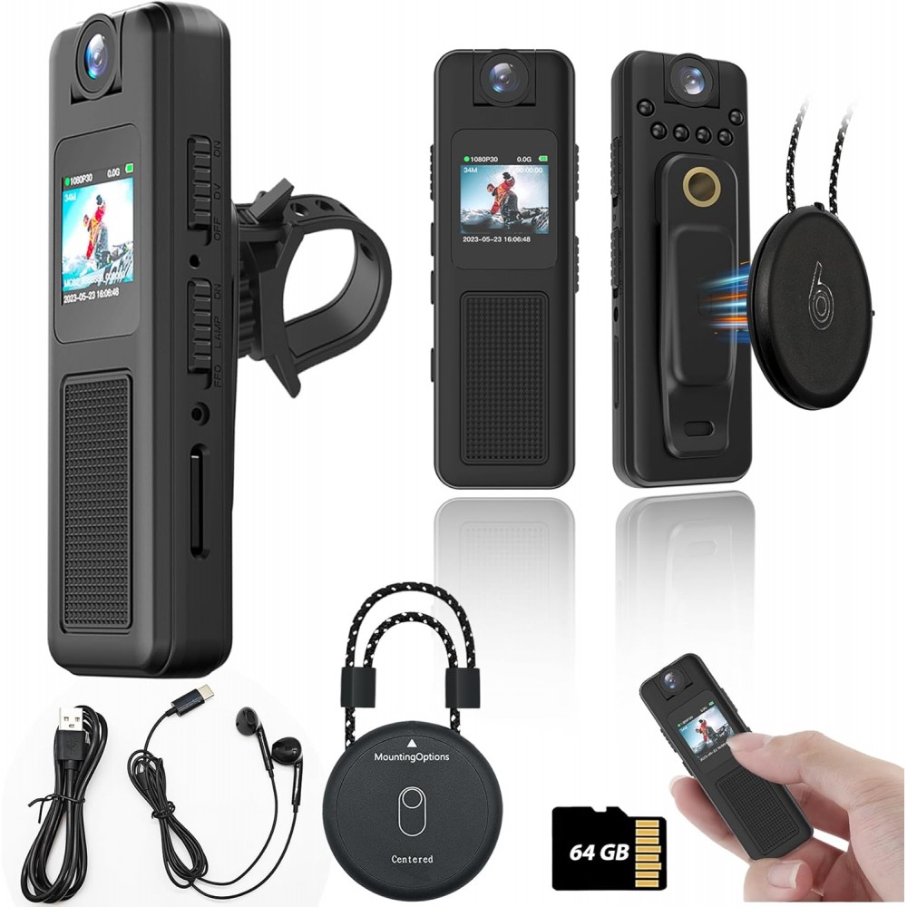 Mini cameră de corp 64GB cu audio și video, clemă magnetică pentru șnur, vedere nocturnă,  purtabilă pentru ciclism, aplicarea legii, securitate, călătorie