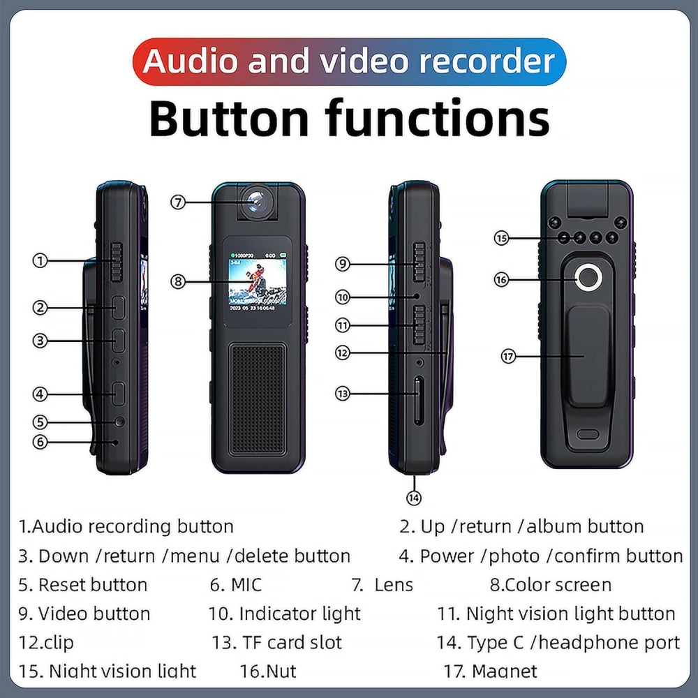 Mini cameră de corp 64GB cu audio și video, clemă magnetică pentru șnur, vedere nocturnă,  purtabilă pentru ciclism, aplicarea legii, securitate, călătorie