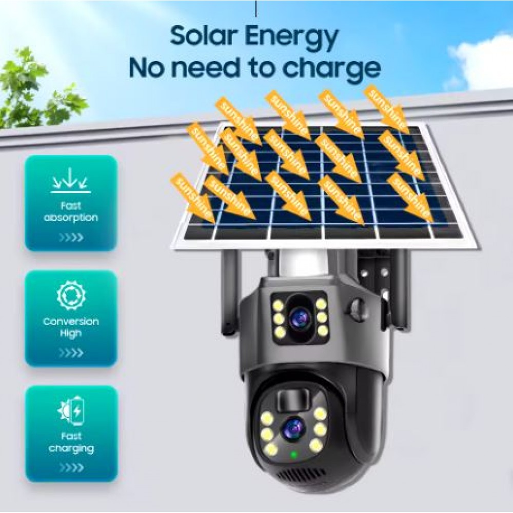 Camera supraveghere 3MP, WIFI 4G rotativa cu panou solar 7.5W, PTZ, 1080P, senzor miscare, night vision, aplicatie V380 Pro