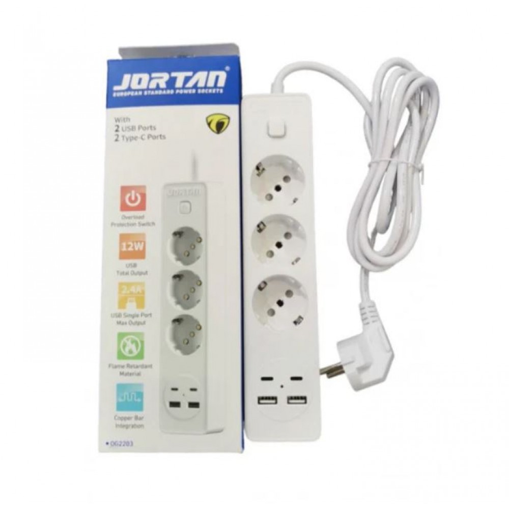 Prelungitor JORTAN OG2203 cu 3 prize 2 porturi USB si 2 Type C 2 metri