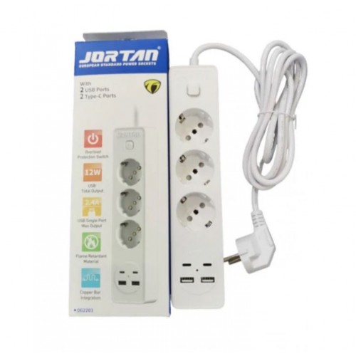 Prelungitor JORTAN OG2203 cu 3 prize 2 porturi USB si 2 Type C 2 metri
