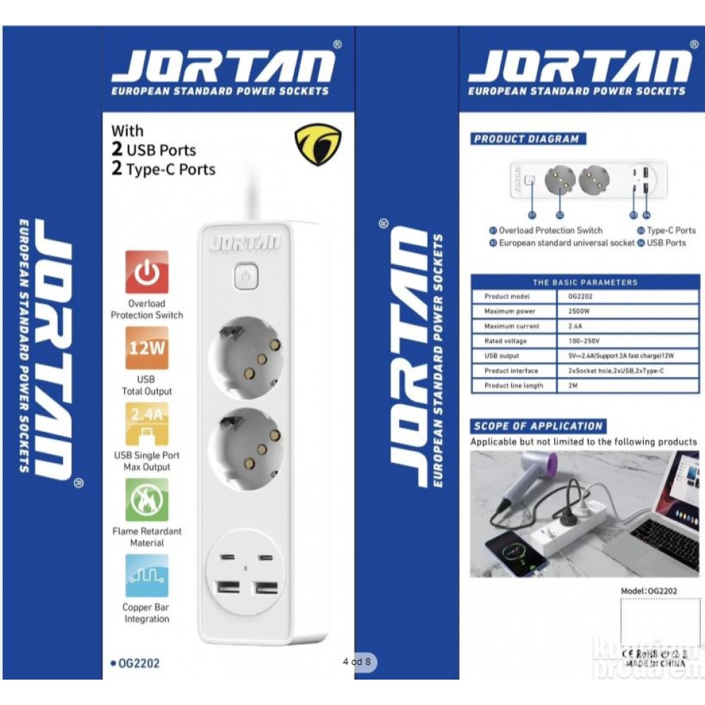 Prelungitor JORTAN OG2202 cu 2 prize 2 porturi USB si 2 Type C 2 metri