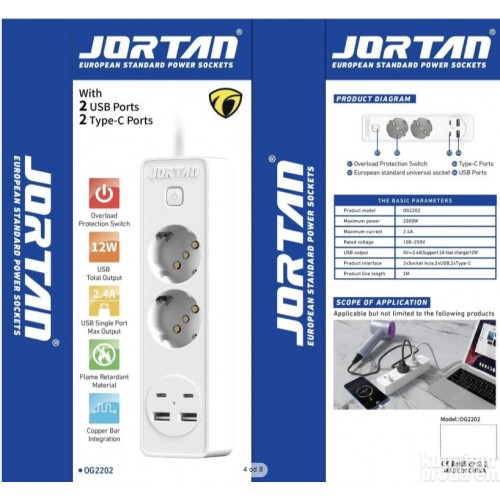Prelungitor JORTAN OG2202 cu 2 prize 2 porturi USB si 2 Type C 2 metri