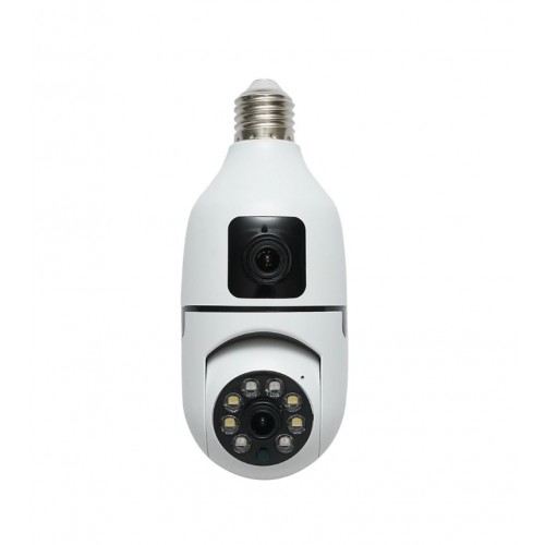 Camera de supraveghere 2 obiective smart-bulb, WIFI 2.4G 1080P FHD 2MP, tip bec E27 cu senzor de miscare, night vision si aplicatie V380 Pro