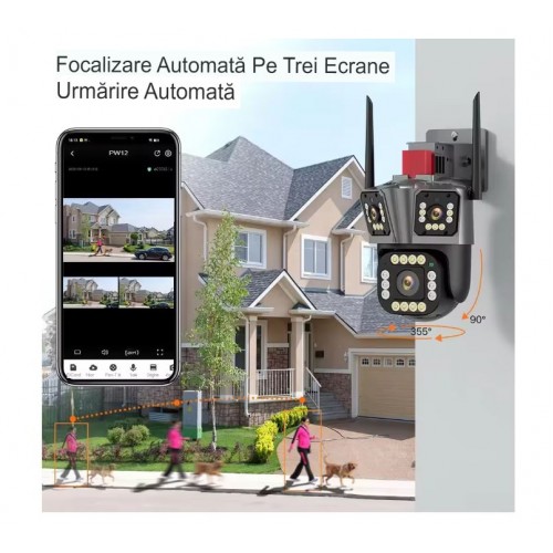 Camera de Supraveghere Tripla WIFI BULLET-DOME ,12MP, Exterior si Interior, Ultra HD, Rotire 360, Leduri, Alarma, Senzor Miscare