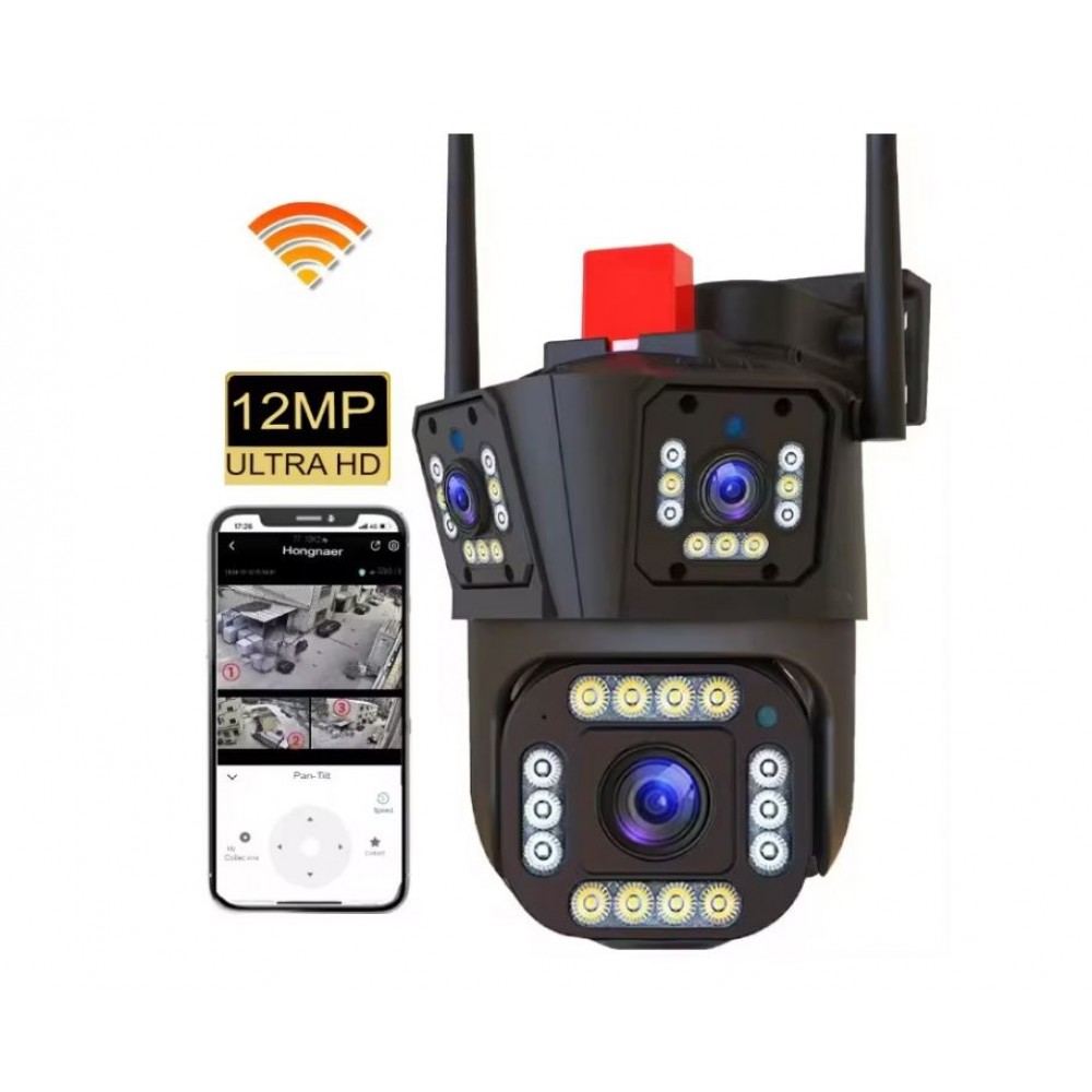 Camera de Supraveghere Tripla WIFI BULLET-DOME ,12MP, Exterior si Interior, Ultra HD, Rotire 360, Leduri, Alarma, Senzor Miscare