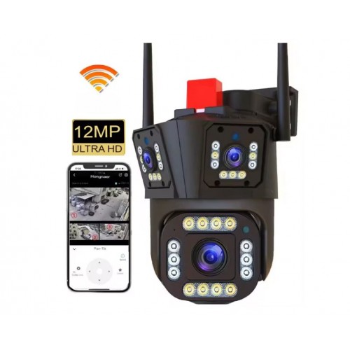 Camera de Supraveghere Tripla WIFI BULLET-DOME ,12MP, Exterior si Interior, Ultra HD, Rotire 360, Leduri, Alarma, Senzor Miscare