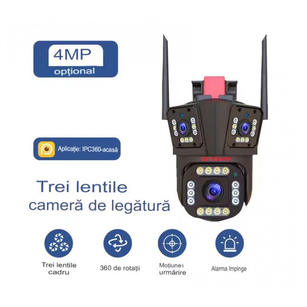 Camera de Supraveghere Tripla WIFI BULLET-DOME ,12MP, Exterior si Interior, Ultra HD, Rotire 360, Leduri, Alarma, Senzor Miscare