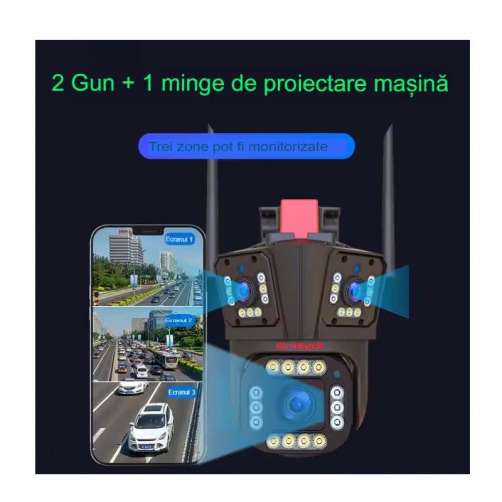 Camera de Supraveghere Tripla WIFI BULLET-DOME ,12MP, Exterior si Interior, Ultra HD, Rotire 360, Leduri, Alarma, Senzor Miscare