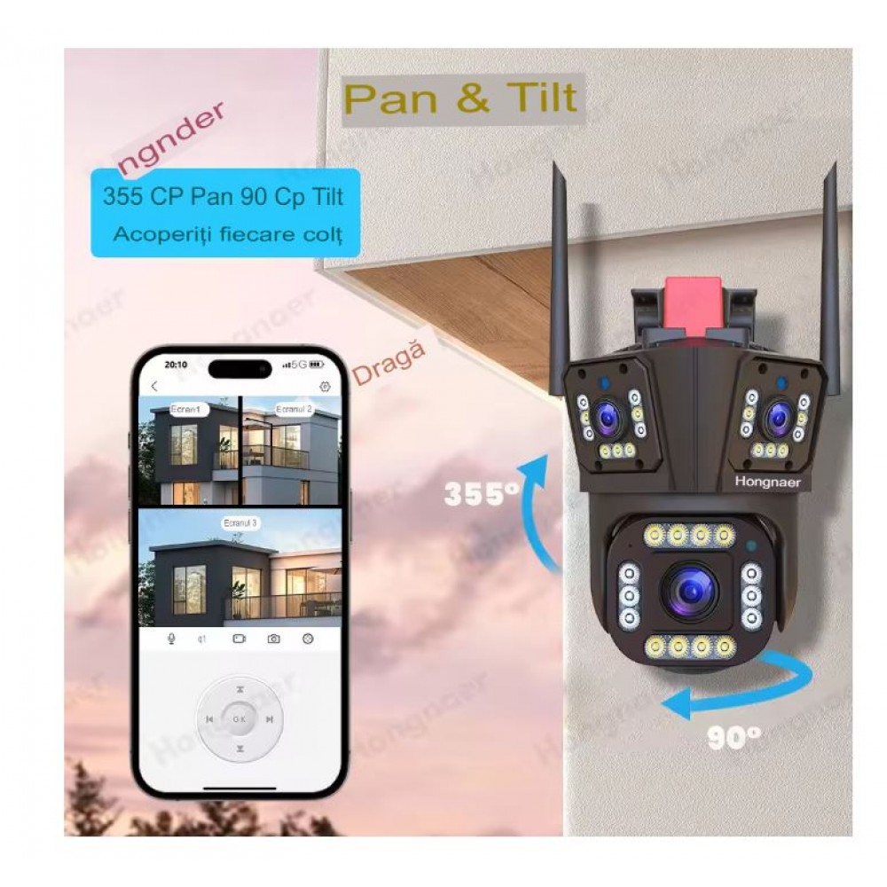 Camera de Supraveghere Tripla WIFI BULLET-DOME ,12MP, Exterior si Interior, Ultra HD, Rotire 360, Leduri, Alarma, Senzor Miscare