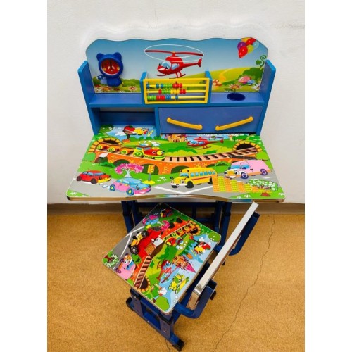 Birou mare cu scaun pentru copii, reglabile, cadru metalic si lemn, Trenulet pe Pod si Masini, cu Polita si Sertar F12