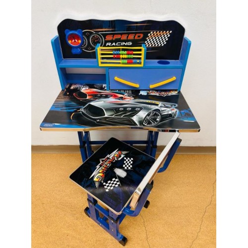 Birou cu scaun pentru copii, reglabile, cadru metalic si lemn, albastru, Racing Car F13