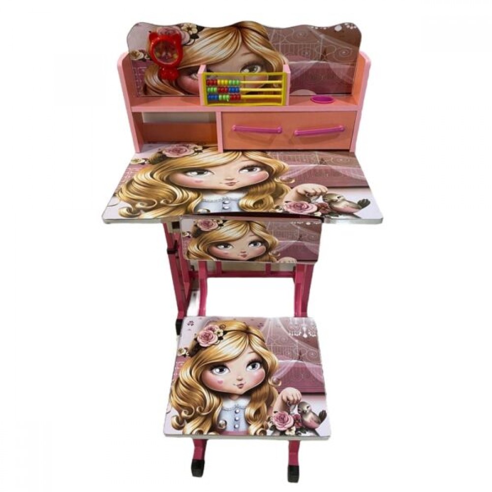 Birou PENDAN cu Scaun Pentru Copii, Model F6, Imprimeu Fetita, cu Polita si Sertar, Numaratoare si Ceas