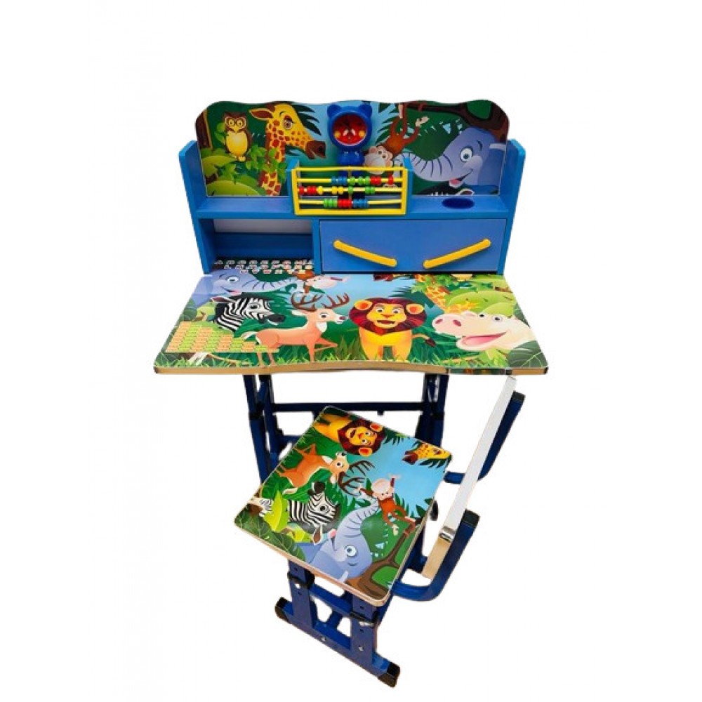 Set birou cu scaun pentru copii, reglabil, cu numaratoare si ceas, Jungla, Multicolor, F15