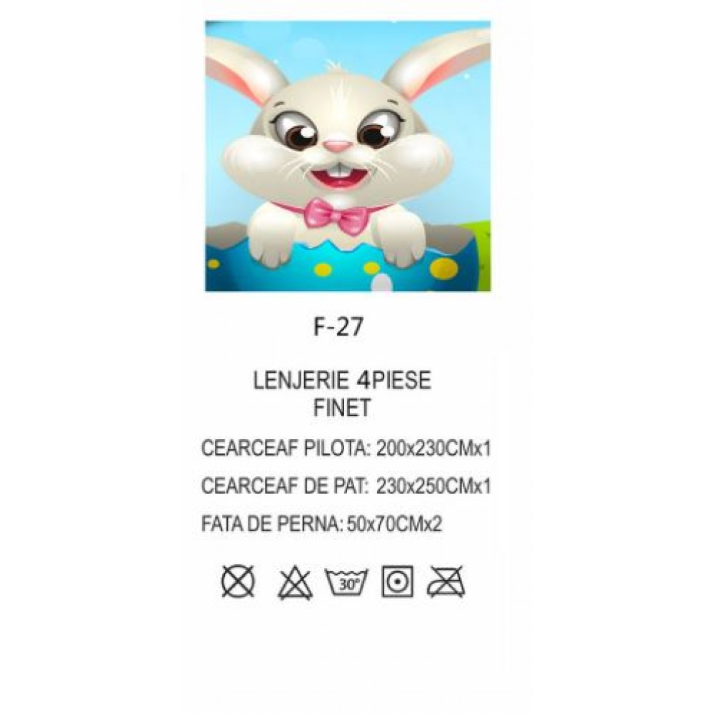 Lenjerie De Pat 4 piese, De Paste, Din Bumbac Finet, Pat 2 Persoane Cu Oua Si Iepurasi, 230x250cm, EF-27