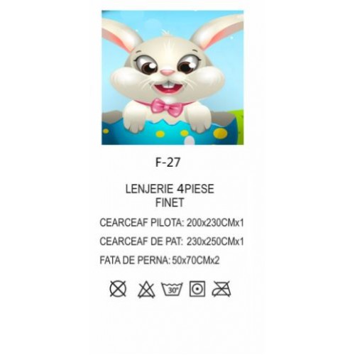 Lenjerie De Pat 4 piese, De Paste, Din Bumbac Finet, Pat 2 Persoane Cu Oua Si Iepurasi, 230x250cm, EF-27