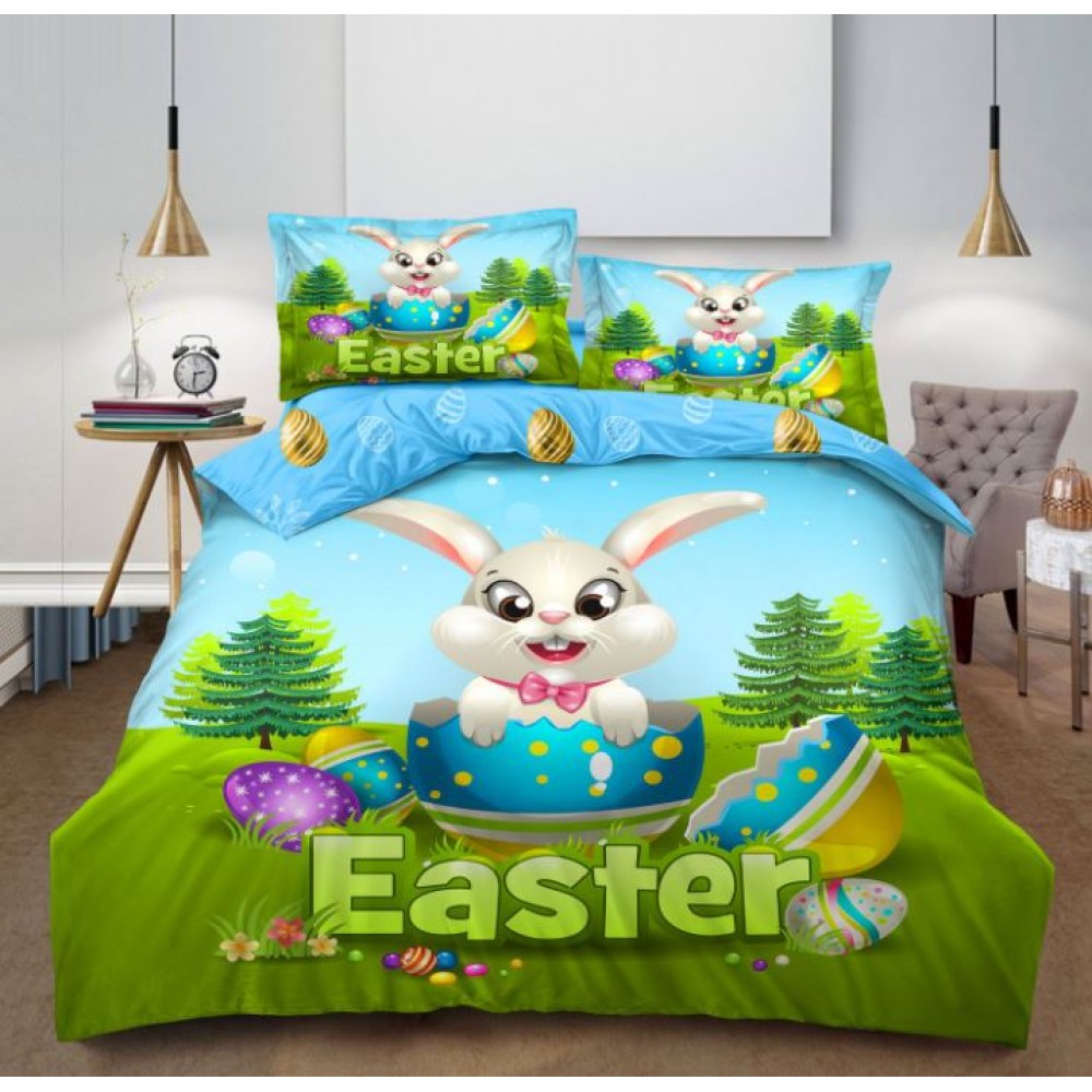 Lenjerie De Pat 4 piese, De Paste, Din Bumbac Finet, Pat 2 Persoane Cu Oua Si Iepurasi, 230x250cm, EF-27