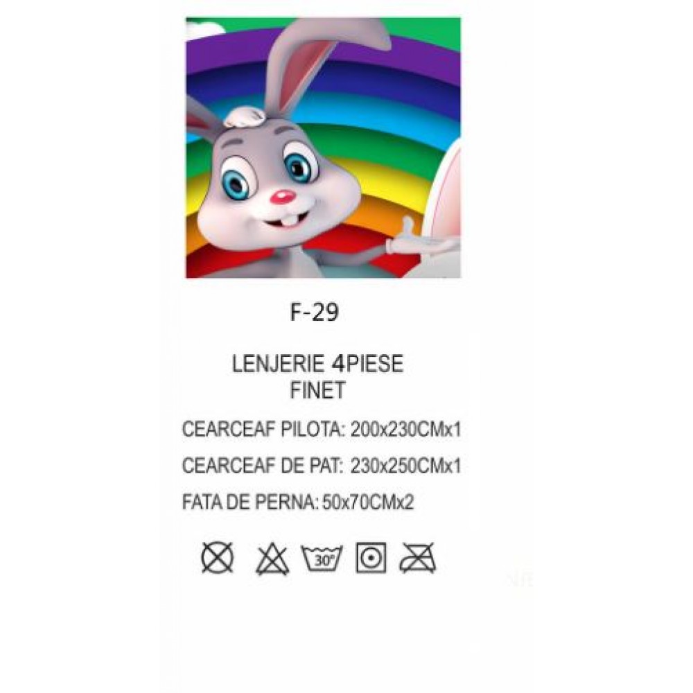 Lenjerie De Pat 4 piese, De Paste, Din Bumbac Finet, Pat 2 Persoane Cu iepurasi si oua, 230x250cm, EF-29
