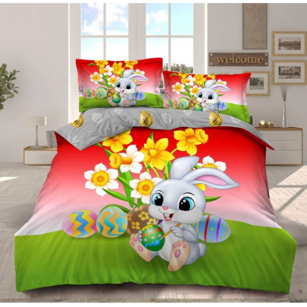 Lenjerie De Pat 4 piese, De Paste, Din Bumbac Finet, Pat 2 Persoane Bunny 230x250cm, EF-36