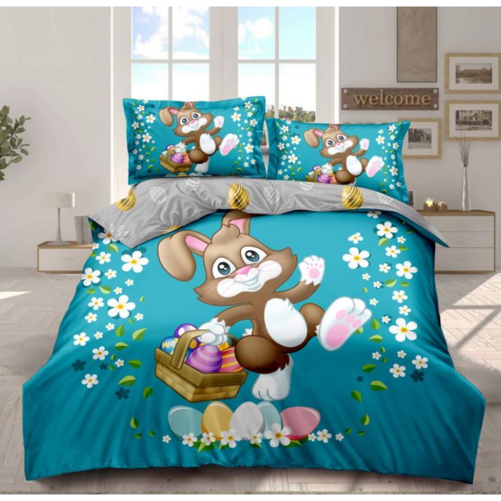 Lenjerie De Pat 4 piese, De Paste, Din Bumbac Finet, Pat 2 Persoane Cu Iepuras Si Floricele, 230x250cm, EF-31