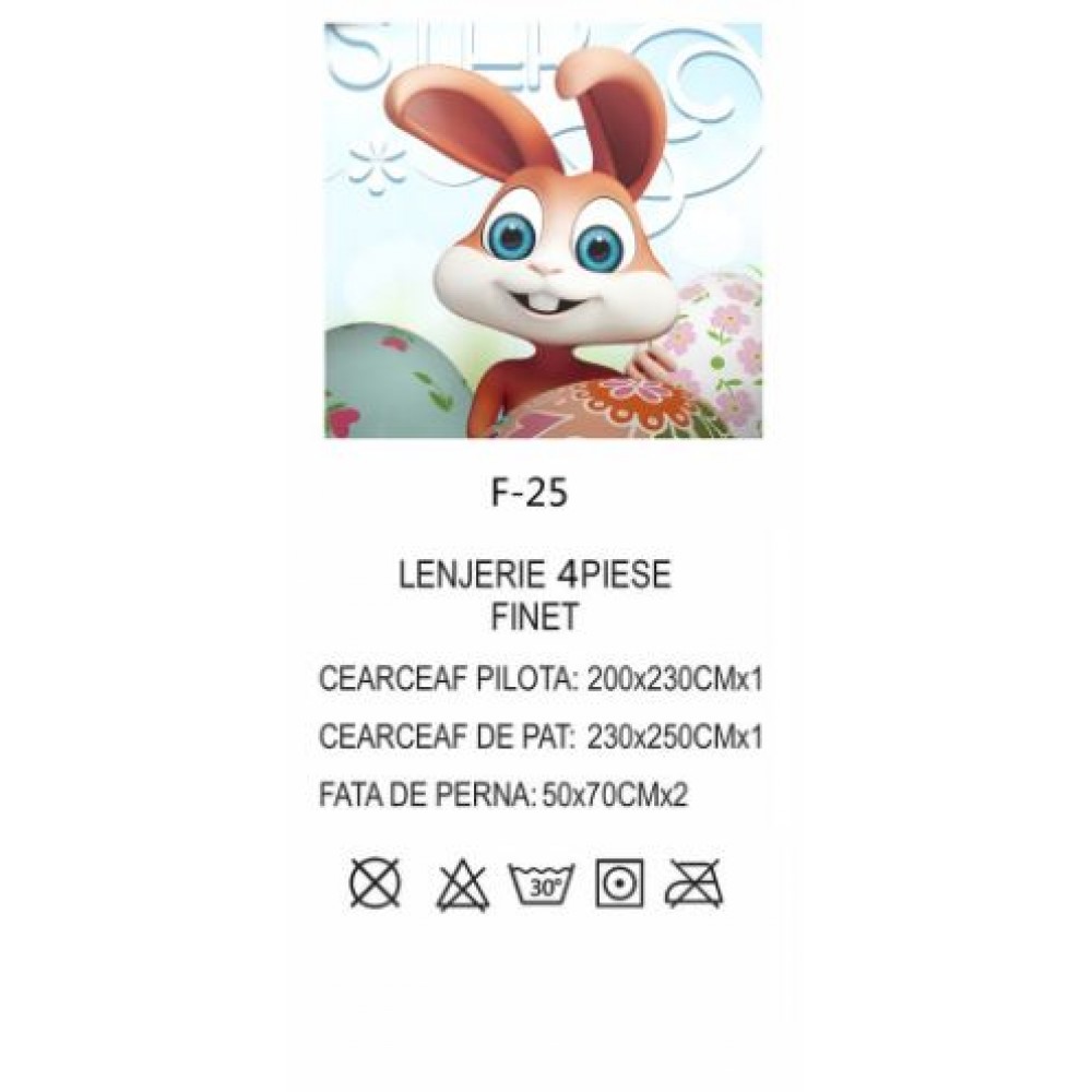 Lenjerie De Pat 4 piese, De Paste, Din Bumbac Finet, Pat 2 Persoane Cu Oua Si Iepurasi, 230x250cm, EF-25