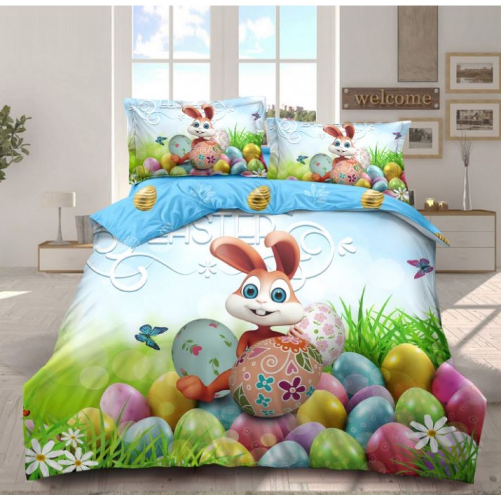 Lenjerie De Pat 4 piese, De Paste, Din Bumbac Finet, Pat 2 Persoane Cu Oua Si Iepurasi, 230x250cm, EF-25
