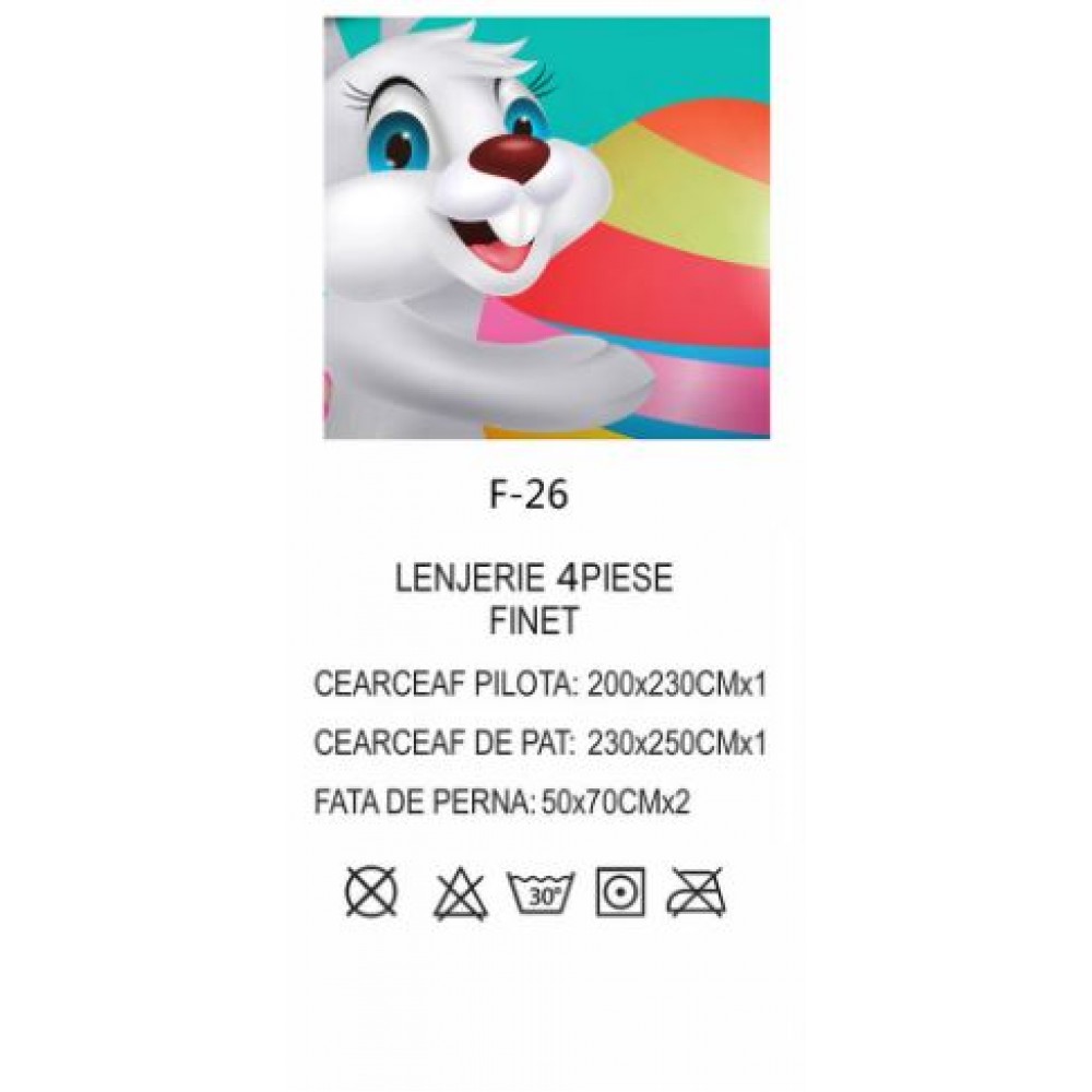Lenjerie De Pat 4 piese, De Paste, Din Bumbac Finet, Pat 2 Persoane Cu Oua Si Iepurasi, 230x250cm, EF-26