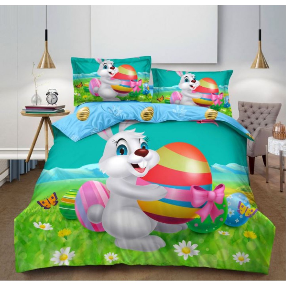 Lenjerie De Pat 4 piese, De Paste, Din Bumbac Finet, Pat 2 Persoane Cu Oua Si Iepurasi, 230x250cm, EF-26