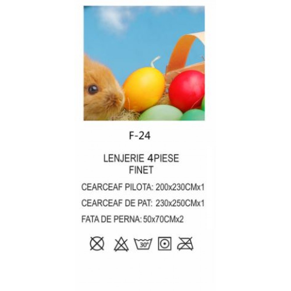 Lenjerie De Pat 4 piese, De Paste, Din Bumbac Finet, Pat 2 Persoane Cu Iepuras, 230x250cm, EF-24