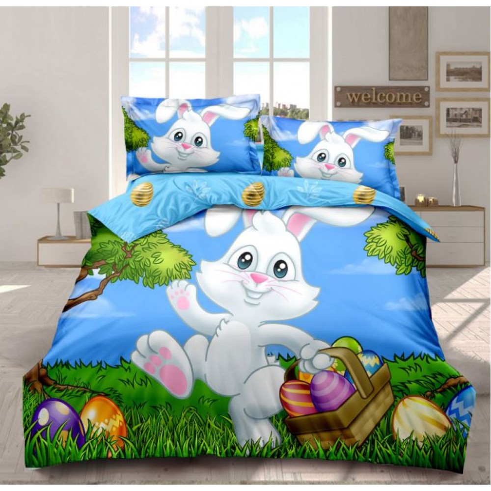 Lenjerie De Pat 4 piese, De Paste, Din Bumbac Finet, Pat 2 Persoane Cu Iepuras, 230x250cm, EF-23