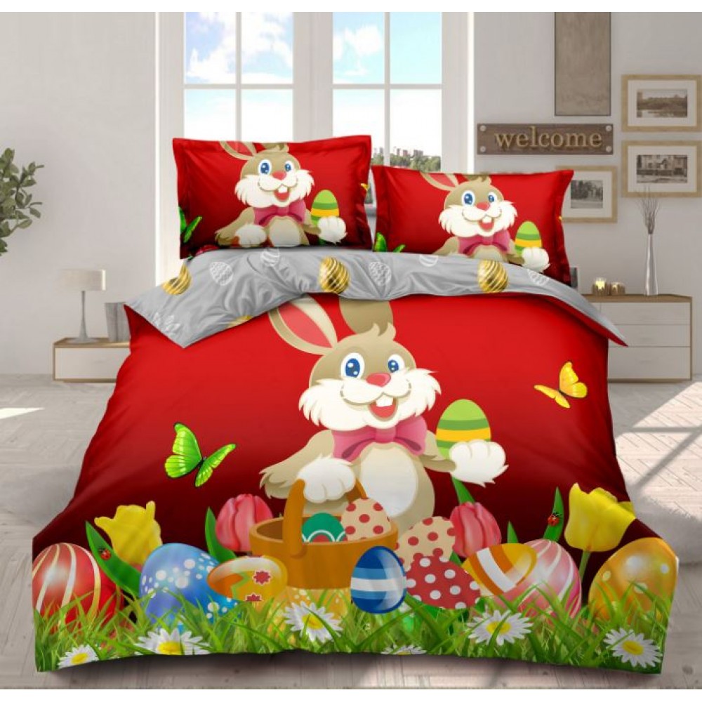 Lenjerie De Pat 4 piese, De Paste, Din Bumbac Finet, Pat 2 Persoane Cu iepurasi si oua, 230x250cm, EF-32