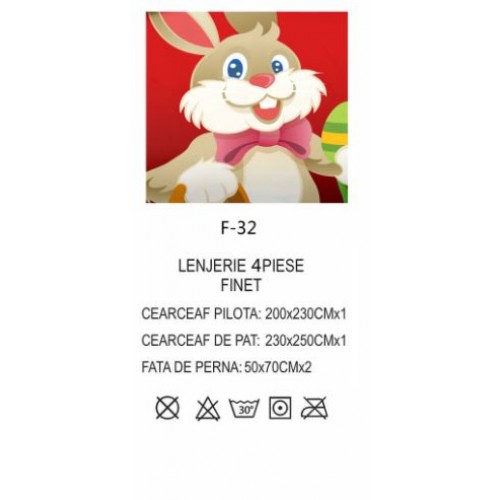 Lenjerie De Pat 4 piese, De Paste, Din Bumbac Finet, Pat 2 Persoane Cu iepurasi si oua, 230x250cm, EF-32
