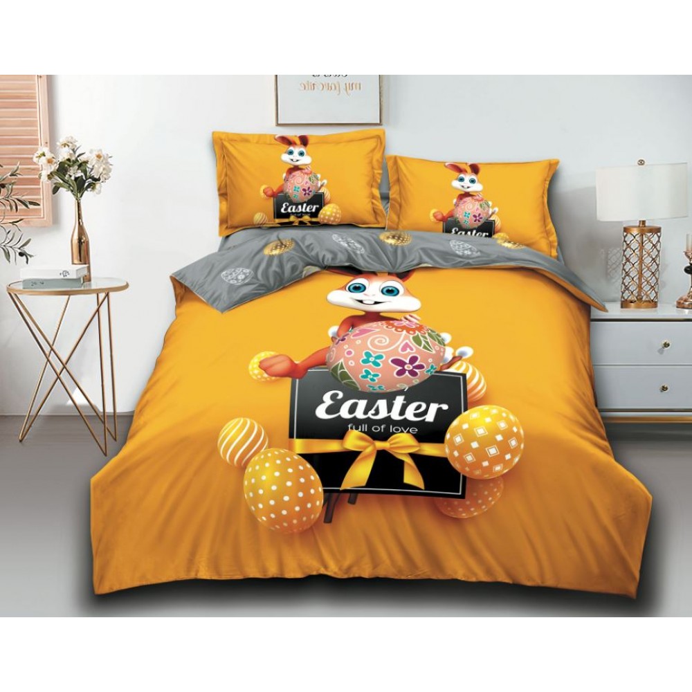 Lenjerie De Pat 4 piese, De Paste, Din Bumbac Finet, Pat 2 Persoane Cu iepurasi si oua, 230x250cm, EF-4