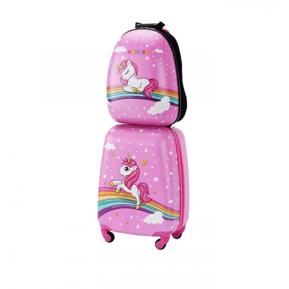 Set 2 bucati, Troler cabina copii si Rucsac copii 47/37 cm, model Unicorn and Stars, TR-1