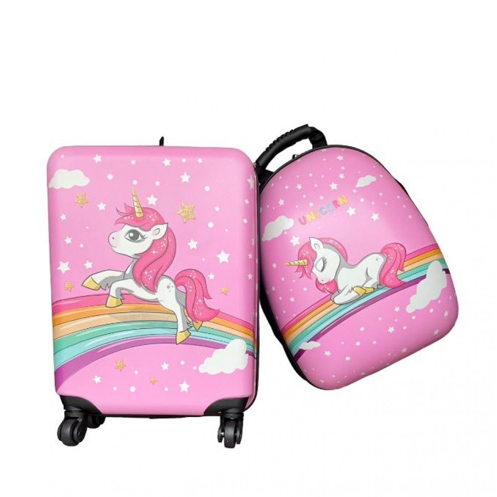 Set 2 bucati, Troler cabina copii si Rucsac copii 47/37 cm, model Unicorn and Stars, TR-1