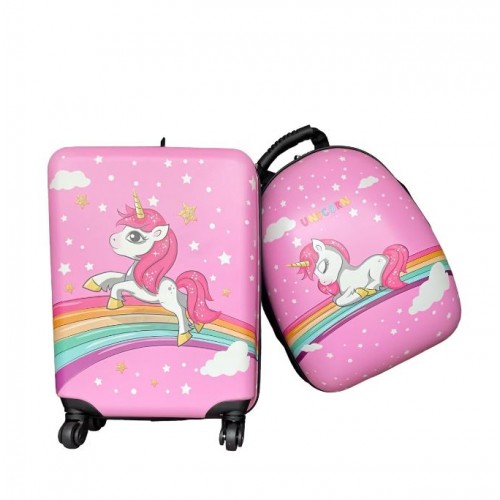 Set 2 bucati, Troler cabina copii si Rucsac copii 47/37 cm, model Unicorn and Stars, TR-1