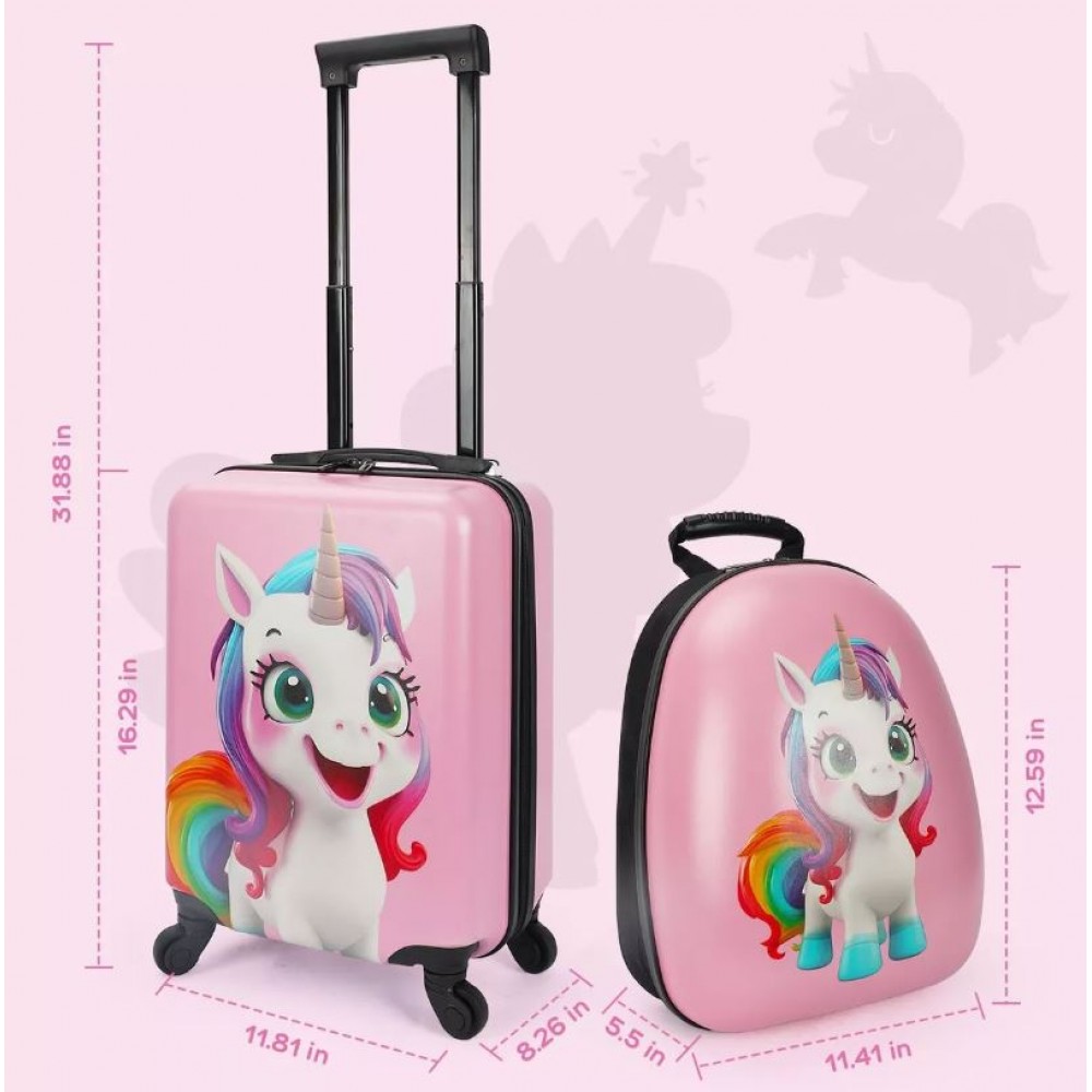 Set 2 bucati, Troler cabina copii si Rucsac copii 47/37 cm, model Unicorn Curcubeu, TR-2