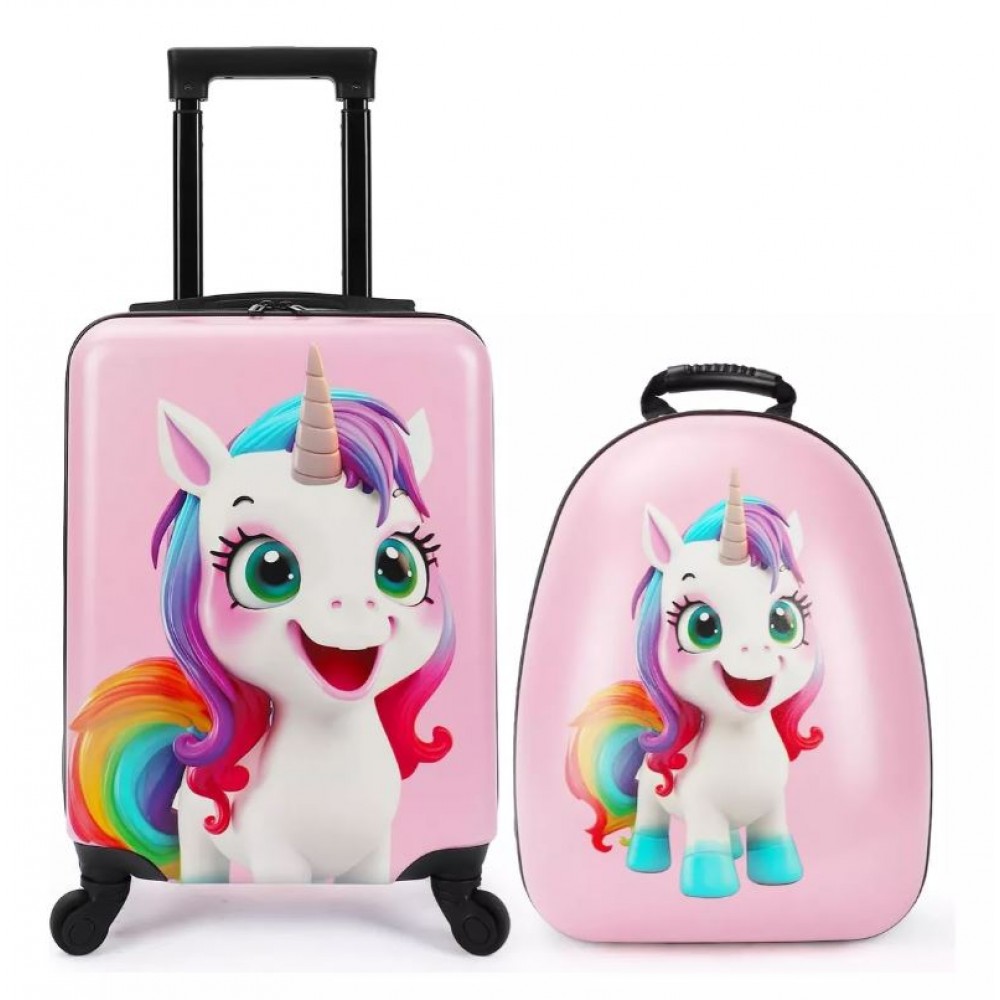 Set 2 bucati, Troler cabina copii si Rucsac copii 47/37 cm, model Unicorn Curcubeu, TR-2