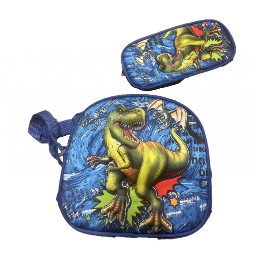 Set Ghiozdan, Geanta pentru Pranz si Penar, Albastru, Model Dinozaur, DNZ1