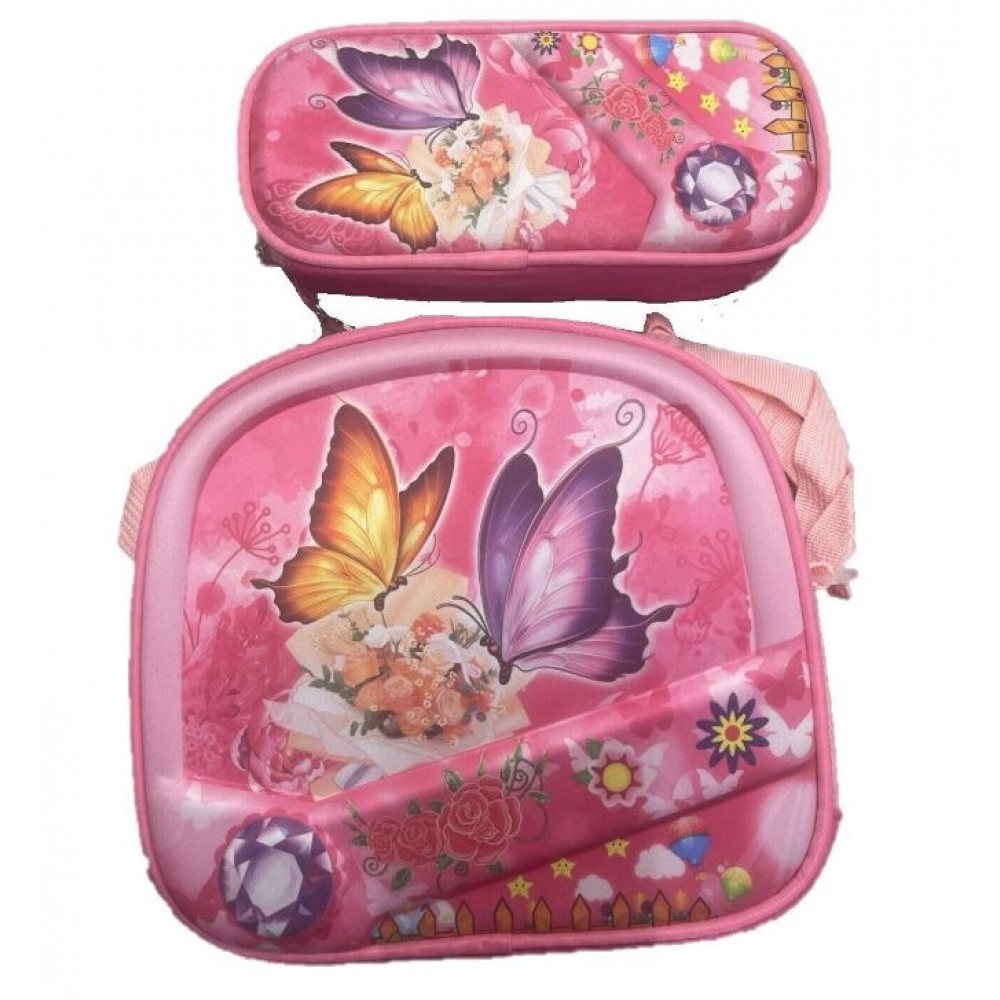 Set Ghiozdan, Geanta pentru Pranz si Penar, Roz, Model cu Fluturi, DNZ2