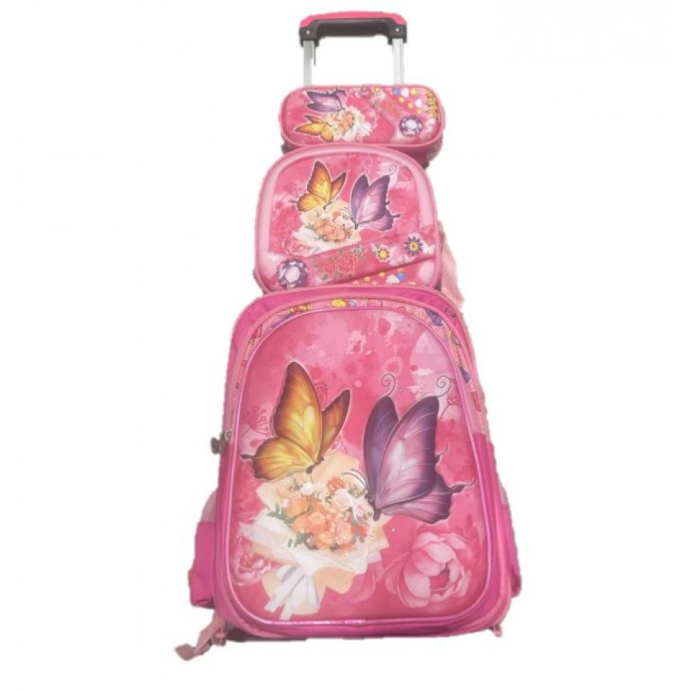 Set Ghiozdan, Geanta pentru Pranz si Penar, Roz, Model cu Fluturi, DNZ2