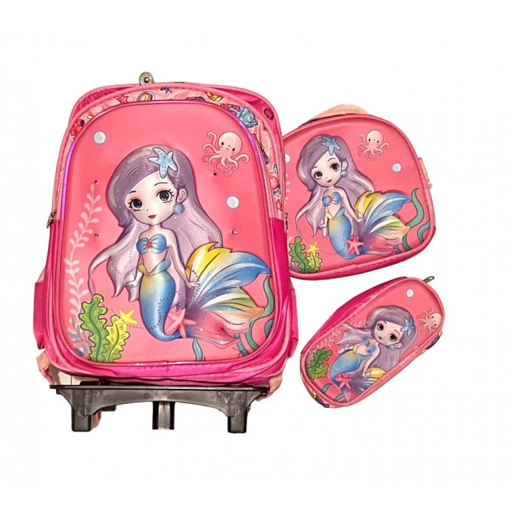 Set Ghiozdan Troler rezistent, cu luminite, Roti din silicon 41x30x18 cm, cu geanta si penar, model Sirena, DNZ5