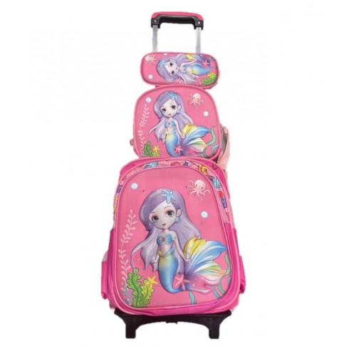 Set Ghiozdan Troler rezistent, cu luminite, Roti din silicon 41x30x18 cm, cu geanta si penar, model Sirena, DNZ5