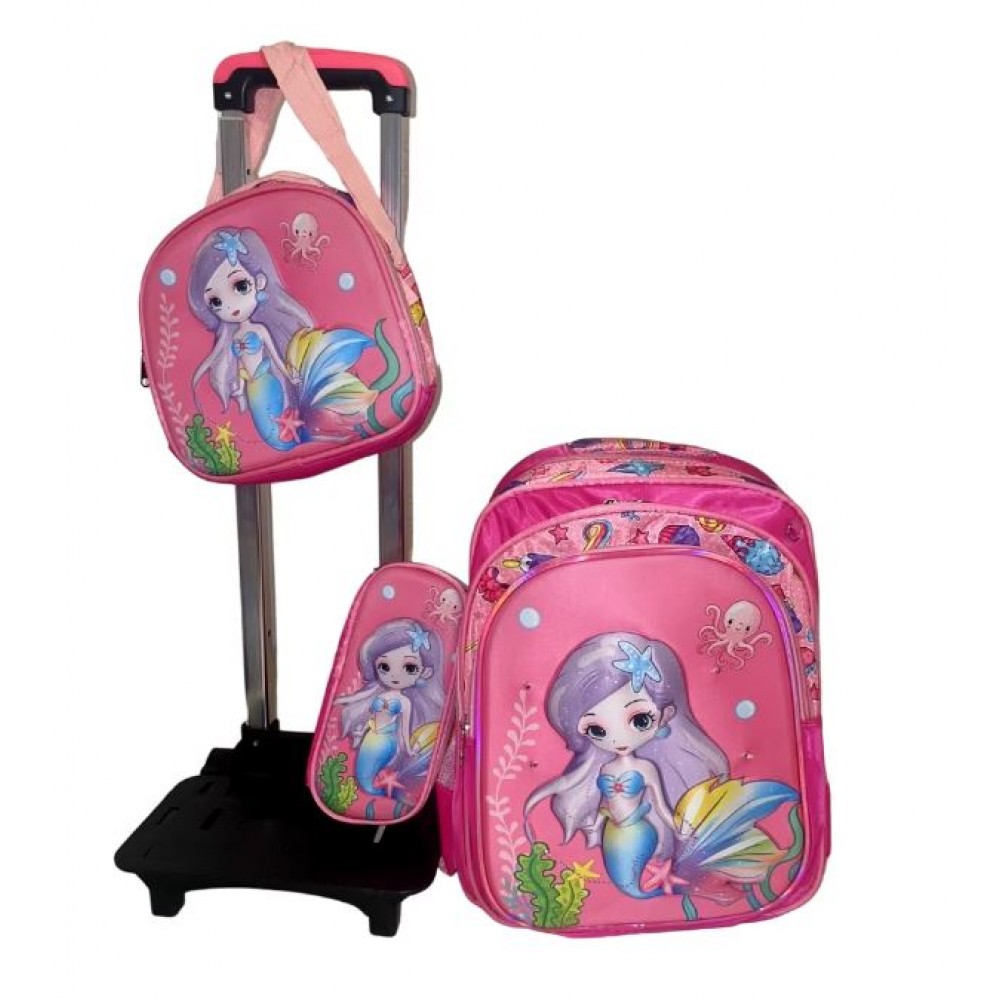 Set Ghiozdan Troler rezistent, cu luminite, Roti din silicon 41x30x18 cm, cu geanta si penar, model Sirena, DNZ5